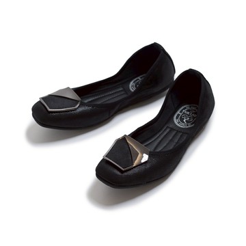 我的旅行日記 經典鏡面飾釦方頭平底娃娃鞋 黑 (502013)