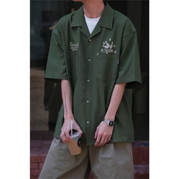 春夏美式寬松古巴領保齡球刺繡工裝短袖襯衫男日系復古五分袖襯衣