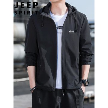 JEEP外套男春秋薄款新款男士防風防水連帽夾克青年寬松簡約上衣潮