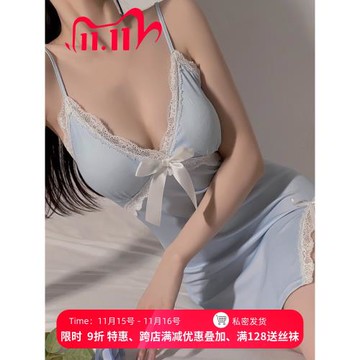 性感純欲風睡衣女夏季2024新款帶胸墊聚攏冰絲蕾絲吊帶睡裙高級感