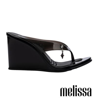 Melissa-果凍透明粗跟夾腳高跟拖鞋-黑色