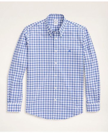 Brooks Brothers Men's Stretch Regent Regular-Fit Sport Shirt, Non-Iron Check | Blue | Size XS