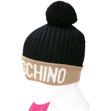 MOSCHINO 字母毛球羅紋拚色羊毛帽 針織帽(黑x駝)