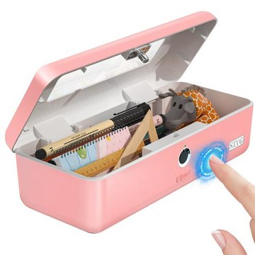 指紋文具盒密碼帶鎖兒童學生鉛筆盒多功能桌面收納盒粉色指紋盒