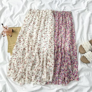 不規則洋氣桃粉色小花裙女夏季中長款遮腿粗胯寬碎花半身裙