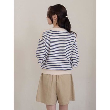 2026春裝新款中袖T恤女純棉航海系拼接一字領七分袖條紋上衣女