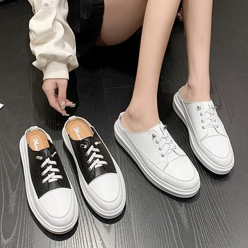 【41-43大尺碼】(懶人必備)免綁鞋帶．MIT素面皮革厚底穆勒拖鞋．白鳥麗子