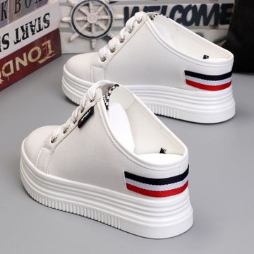 2024新品小白鞋女厚底內增高8CM休閑百搭無后跟半拖鞋懶人鞋涼鞋