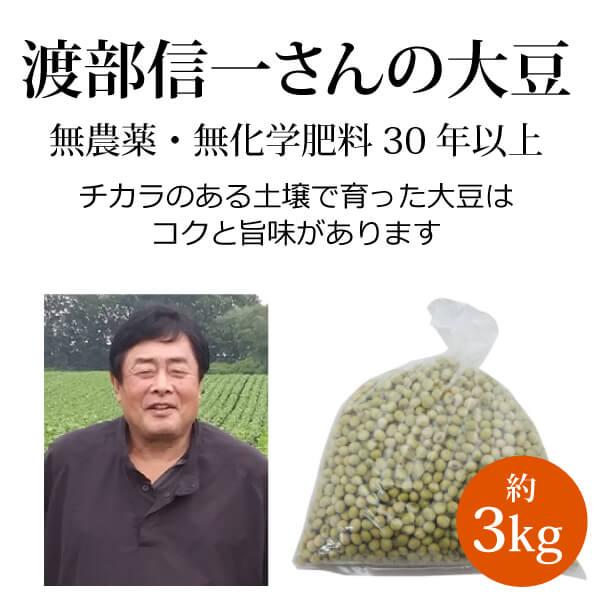 北海道産 無農薬大豆 渡部信一さんの大豆（約1kg×3袋） 品種は音更大袖 無農薬・無化学肥料栽培30年の美味しい大豆  渡部さんは化学薬品とは無縁