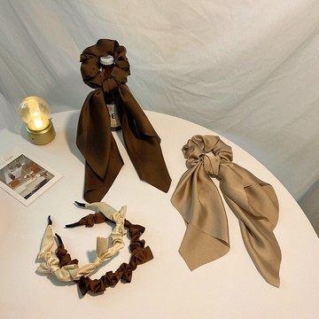 蝴蝶結緞面褶皺發箍飄帶發帶女綁發大腸發圈復古法式絲綢真絲發繩