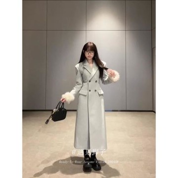 毛領呢子收腰大衣女秋冬季夾棉加厚高級感氣質修身中長款毛呢外套