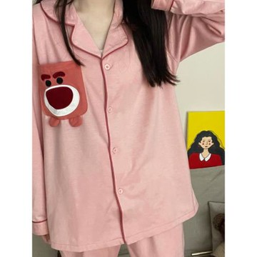 睡衣秋純棉休閑寬松可愛甜美別致草莓熊長袖少女家居服套裝可外穿