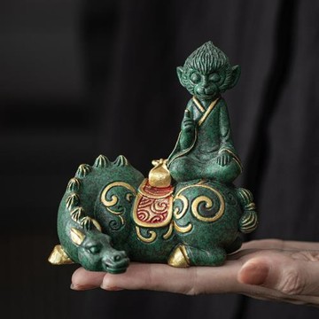 逗獸記青砂石彩金馬上封侯茶寵擺件居家辦公桌面裝飾品茶具配件