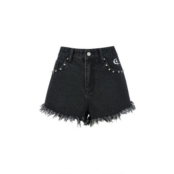 QUARTER IN NIGHT25夏季新款鉚釘毛邊牛仔短褲