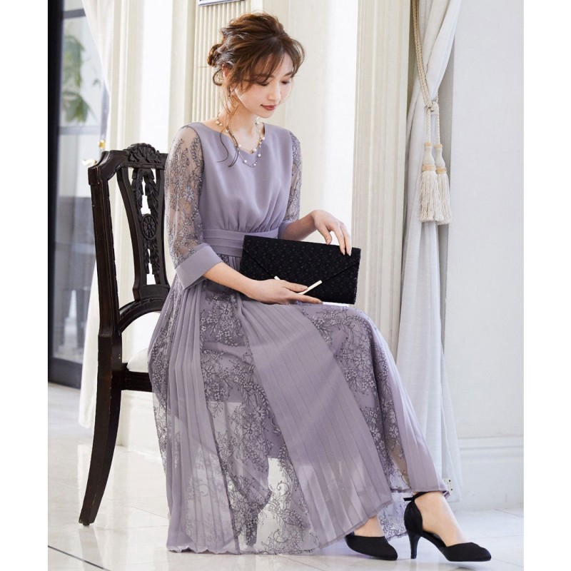 ニアナ Niana プリーツ レース 7分袖ドレス 結婚式ワンピース パープル系 通販 Lineポイント最大1 0 Get Lineショッピング