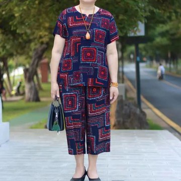 中老年棉綢媽媽裝洋氣短袖T恤兩件套夏季新款大碼寬松套裝女裝薄