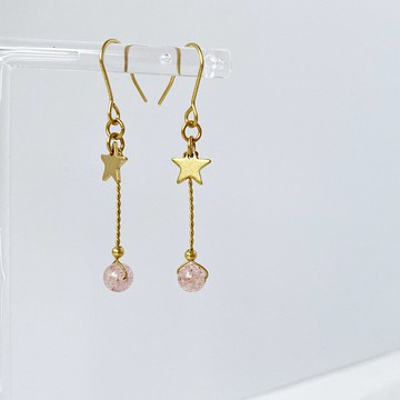 流星。天然草莓晶 水晶 黃銅耳勾 手工耳環 桃花 貴人 人緣 療癒