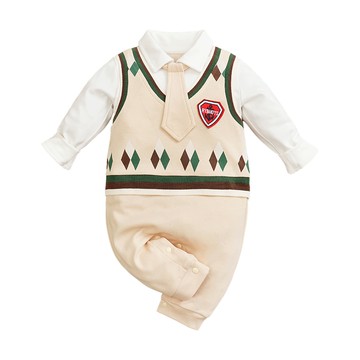 JoyNa - 嬰兒連身衣 春秋款動物造型包屁衣-菱格卡其