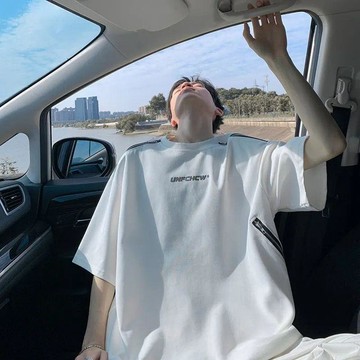 夏季新款美式拉鍊個性化小衆設計感潮男痞帥圓領寬鬆短袖T恤男