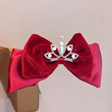 雙層絲絨皇冠蝴蝶結髮夾-紅色