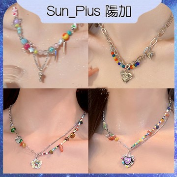 Sun_Plus 台灣現貨 依好 甜酷女孩 彩色串珠愛心項鍊 心連心手鍊 小眾設計輕奢高級感百搭鎖骨鏈 項鍊 手鍊