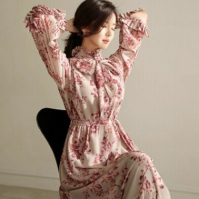 送料無料 花柄 ロングワンピース 長袖 袖コンシャス リボンタイ おしゃれ プリーツ ギャザー ピンク ハイウエスト おでかけ きれいめ ド 通販 Lineポイント最大get Lineショッピング