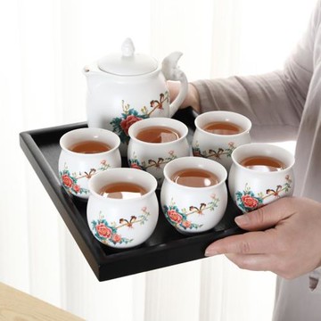 手柄大茶壺茶具整套一壺六杯定窯白瓷雙層杯帶過濾網600ml家用壺