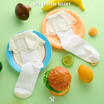 MISS 21精緻少女 蕾絲花邊純色短筒襪 - 白