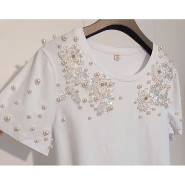 夏季新款獨家立體花朵亮片蕾絲邊釘珠珍珠裝飾修身短袖純棉T恤