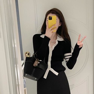 25秋冬tb學院風氣質翻領V領羊毛針織坑條撞色上衣小眾開衫外套女