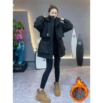 歐洲站獨特超好看外套女2025秋冬新款工裝連帽派克服收腰加厚棉服