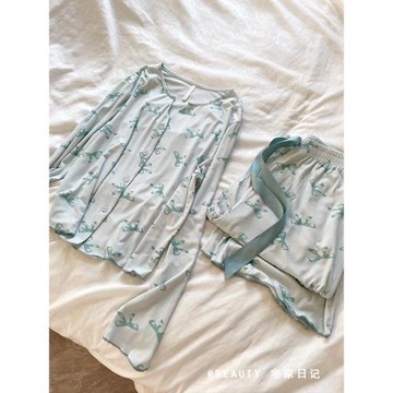 親膚莫代爾棉睡衣女2024春秋季新款軟糯親膚蝴蝶結印花家居服套裝