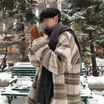 卡其色毛呢大衣男士秋冬季高級感好看小香風外套潮牌痞帥格子夾克