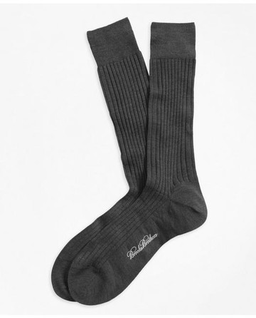 Brooks Brothers Men's Merino Wool Ribbed Crew Socks | Grey | Size Regular