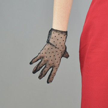 小波點長款手套23cm大圓點蕾絲網紗透視加長亮黑色白色婚紗觸屏