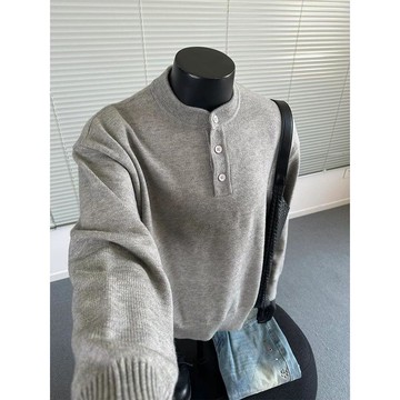 秋季新款休閒百搭寬鬆上衣男美式時尚潮流素色圓領毛衣男