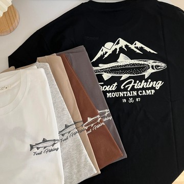 【MasCool】插畫魚短袖 鱒魚短T 山系手繪鱒魚 手繪魚 山脈短袖 短T  短袖T 短踢 短TEE 落肩 寬鬆
