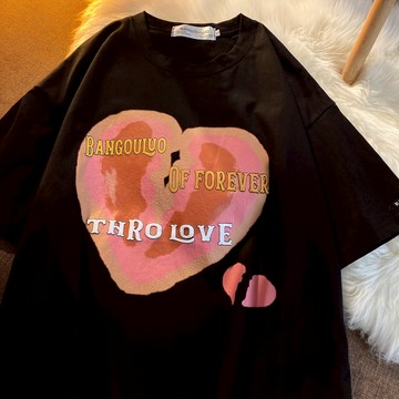 夏季新款ins潮心印花短袖T恤男女大松情上衣