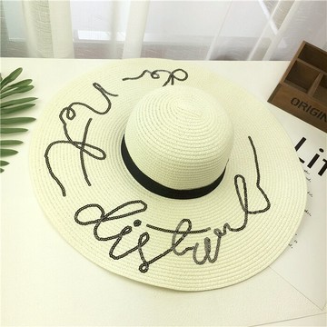 韓版時尚個性字母亮片沙灘帽子女夏天海邊大沿遮陽帽防曬大檐草帽1入