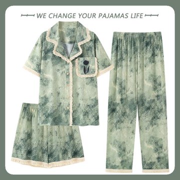 睡衣女款春秋夏季三件套短袖長褲2025新款可外穿薄款高級感家居服