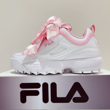 FILA DISRUPTOR 2 SCARF 女生 白色 緞帶粉 復古 運動 鋸齒鞋 老爹鞋 5-C124A-102