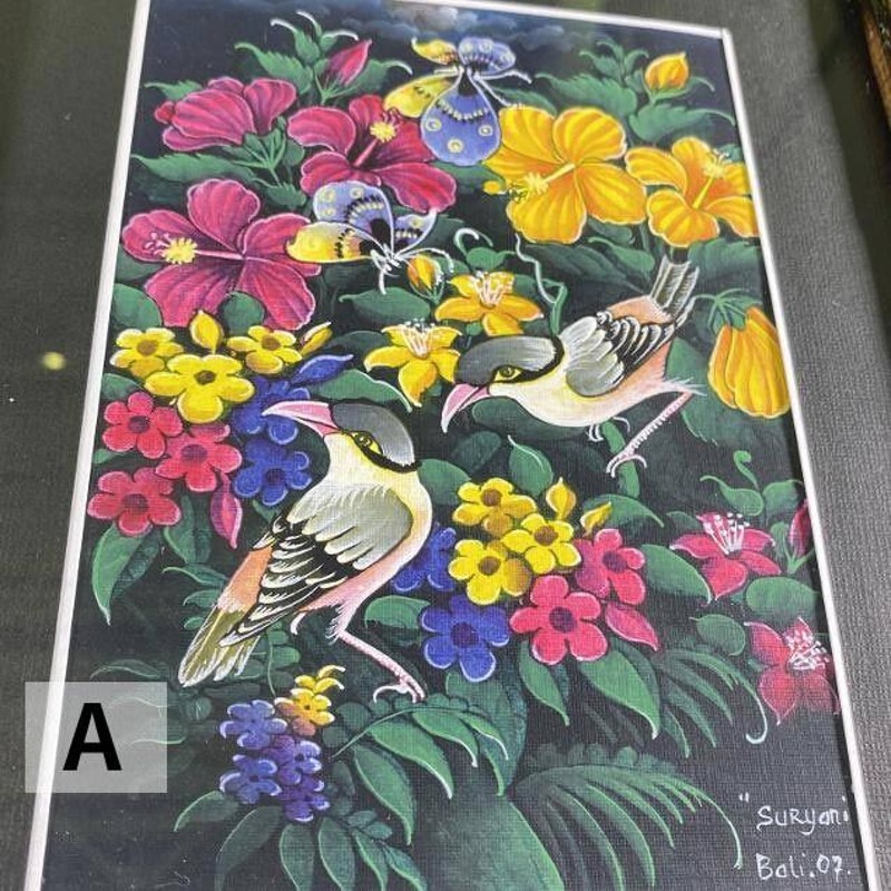 バリ絵画 花と鳥と蝶 4柄 W33cm×H38cm バリアート 額縁 絵 インテリア