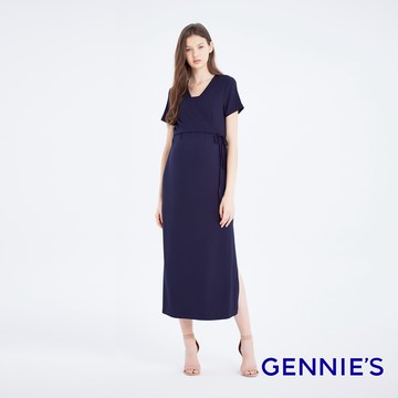 Gennies奇妮 綁帶長版哺乳洋裝(丈青T1H02)