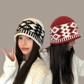現貨-復古菱形格子毛線帽子女秋冬季小眾設計感針織帽保暖防寒包頭冷帽漁夫帽水桶帽-#3