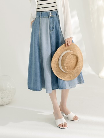 牛仔雙色拼接傘襬中長裙