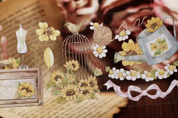 葵憶 復古西洋風 向日葵/留聲機/鳥籠/信箋 PET 紙膠帶 10米卷