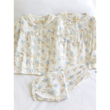 特賣兒童睡衣女童純棉紗布春夏薄短袖長袖長褲三件套家居服空調服