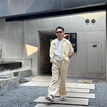 寬松chino直筒復古人字紋西褲闊腿褲白褲子休閑米白色工裝褲水洗