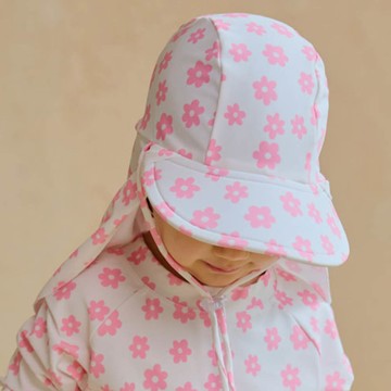 韓國 Bebechat - UPF 50+抗UV超防曬遮脖帽/戲水帽-粉嫩花花-米白