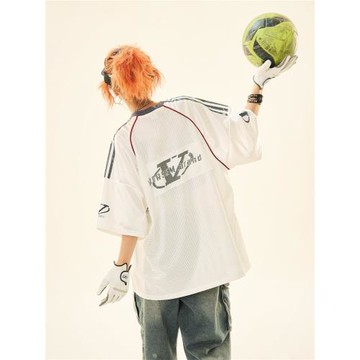 美式復古街頭網面涂鴉橄欖球球衣短袖T恤男女夏季寬松半袖上衣潮